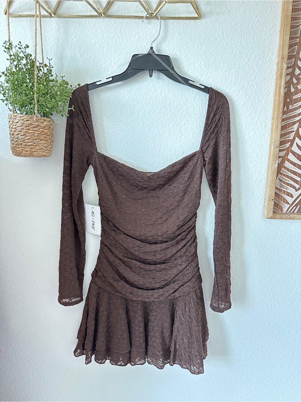 Brown Long-Sleeve Ruched Mini Dress